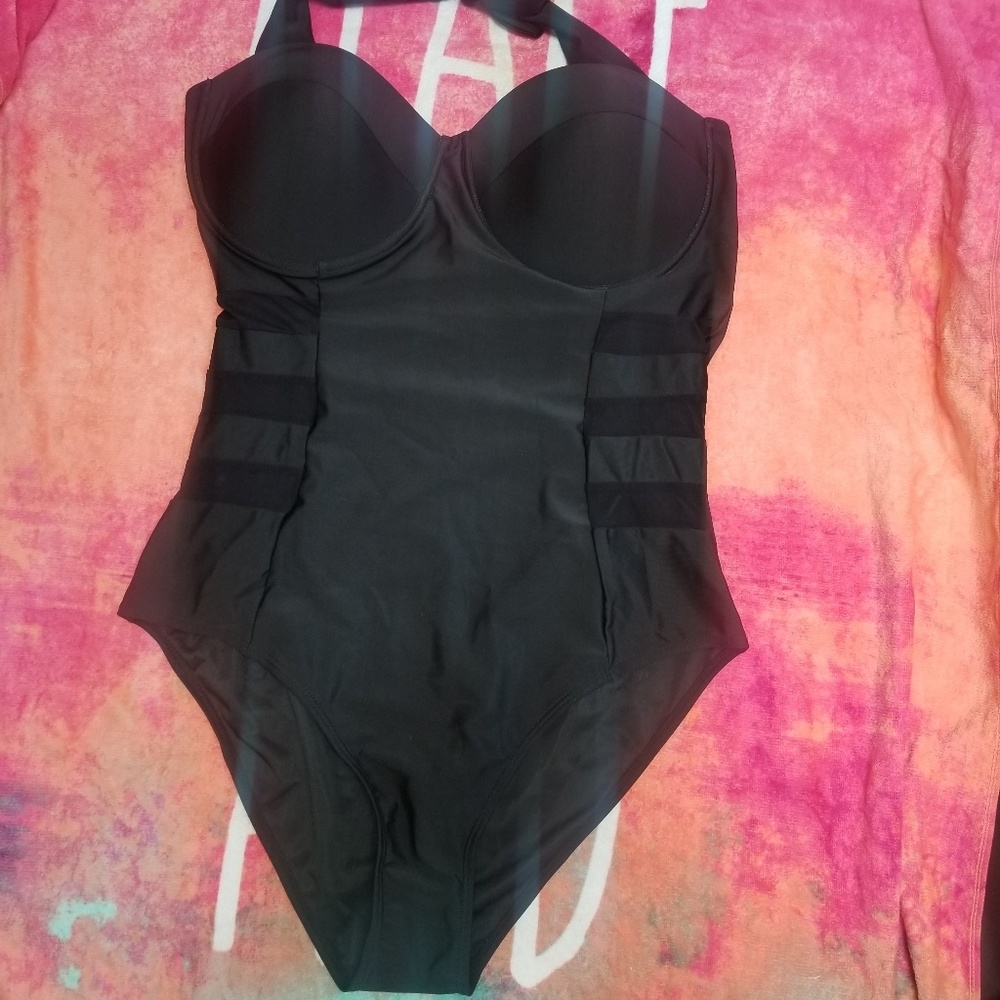 Black one piece swimsuit with side mesh